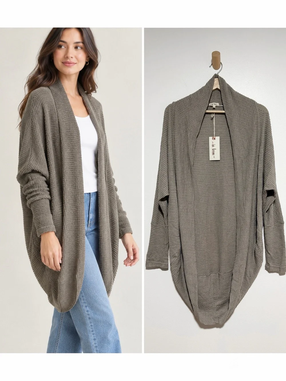 NWT In Loom Open Front Round Shaped Waffle Knit Cardigan Size M/L Taupe